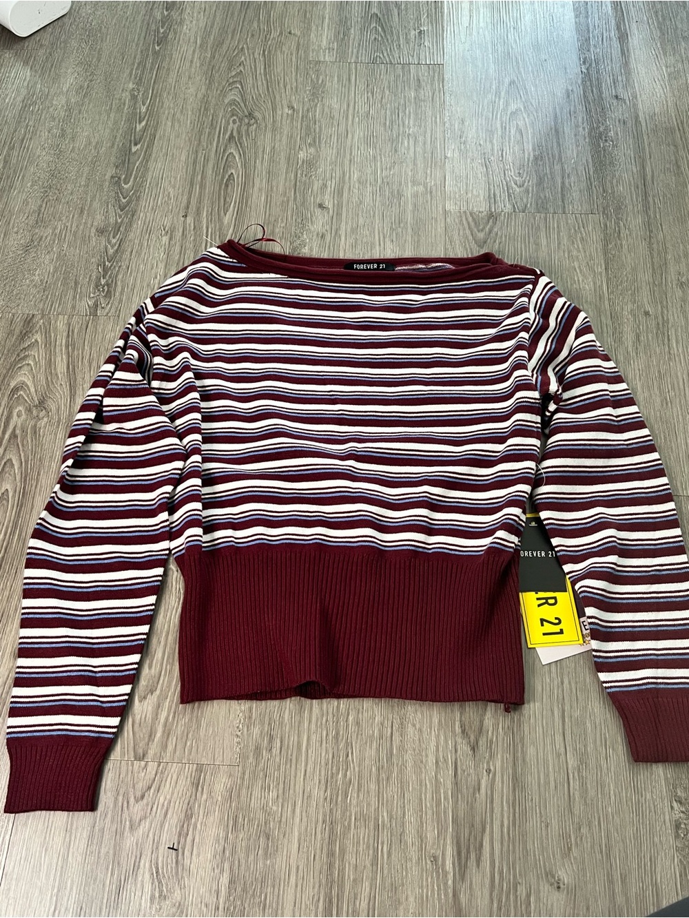 Forever 21 Burgundy, Cream & Navy Striped Cropped Crewneck Sweater